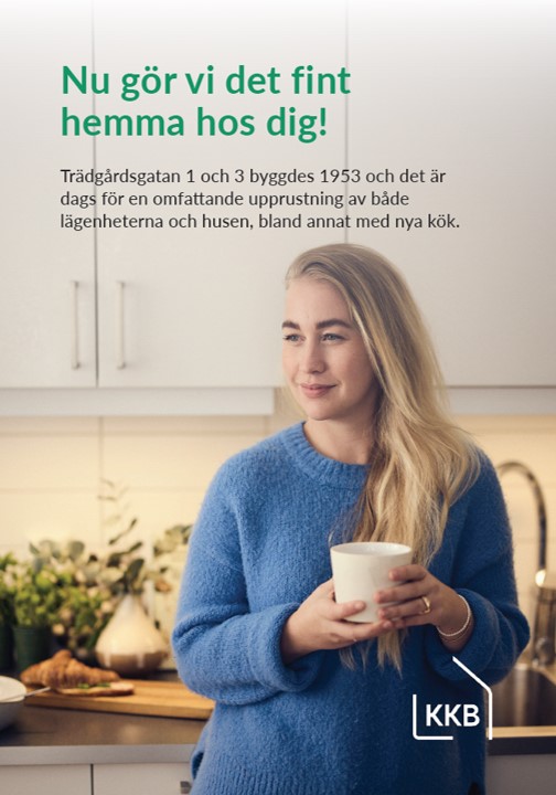 Framsida av broschyr, text och kvinna i kök